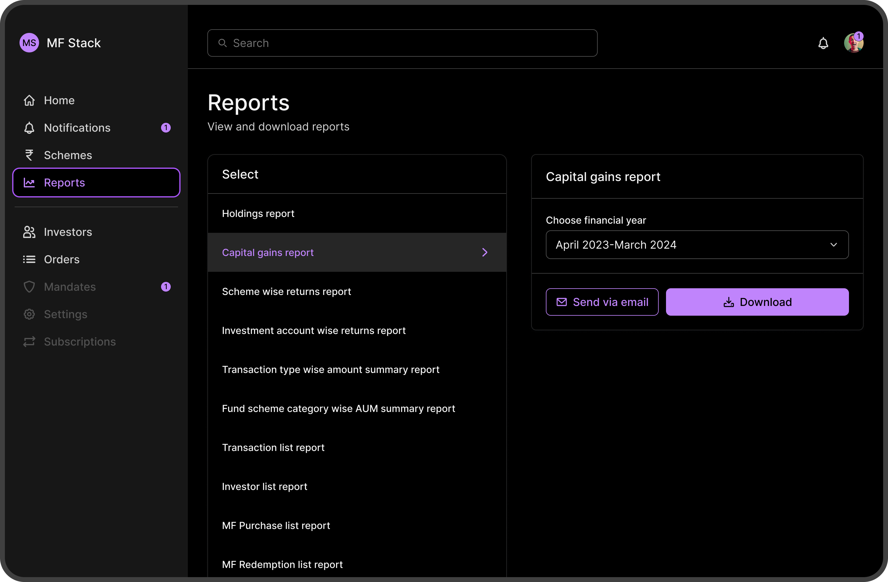 Comprehensive Mutual Fund Reports & Analytics - Dark